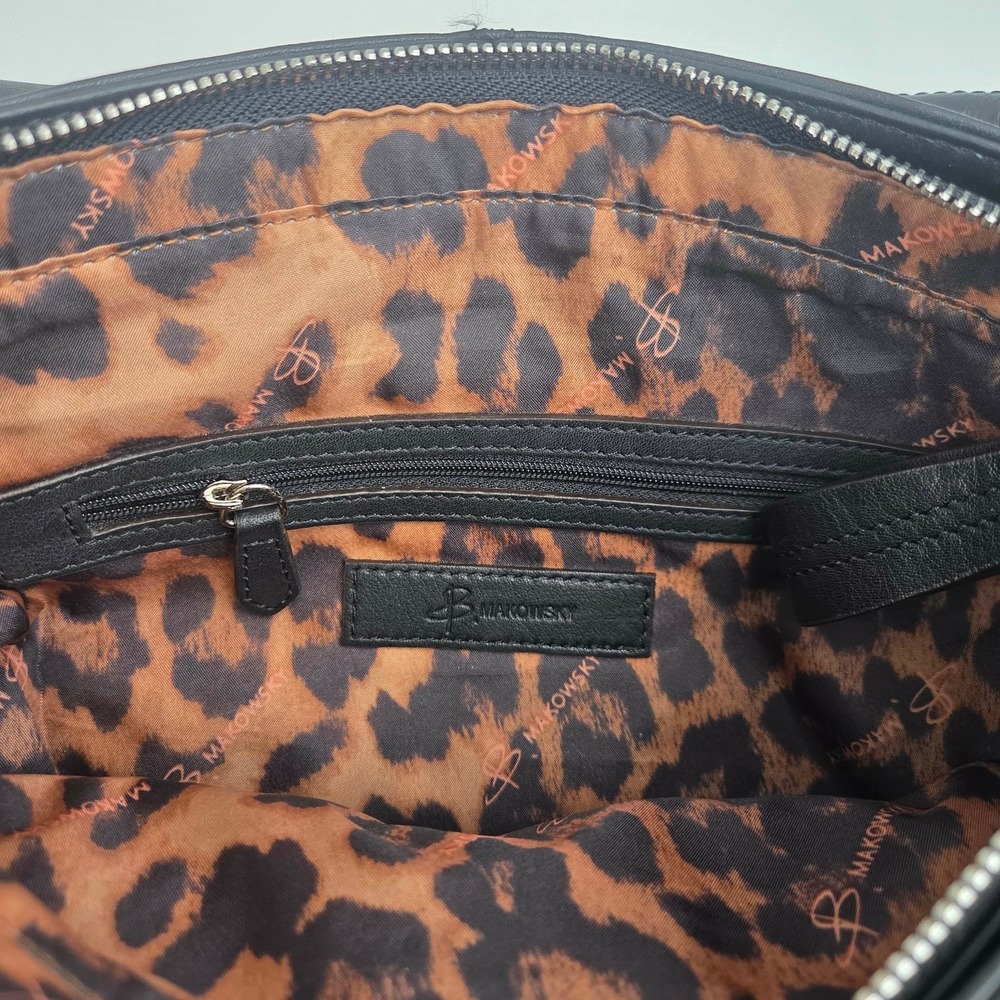 B. Makowsky Black Leather Hobo Shoulder Bag Leopard Print Lining - Picture 9 of 16